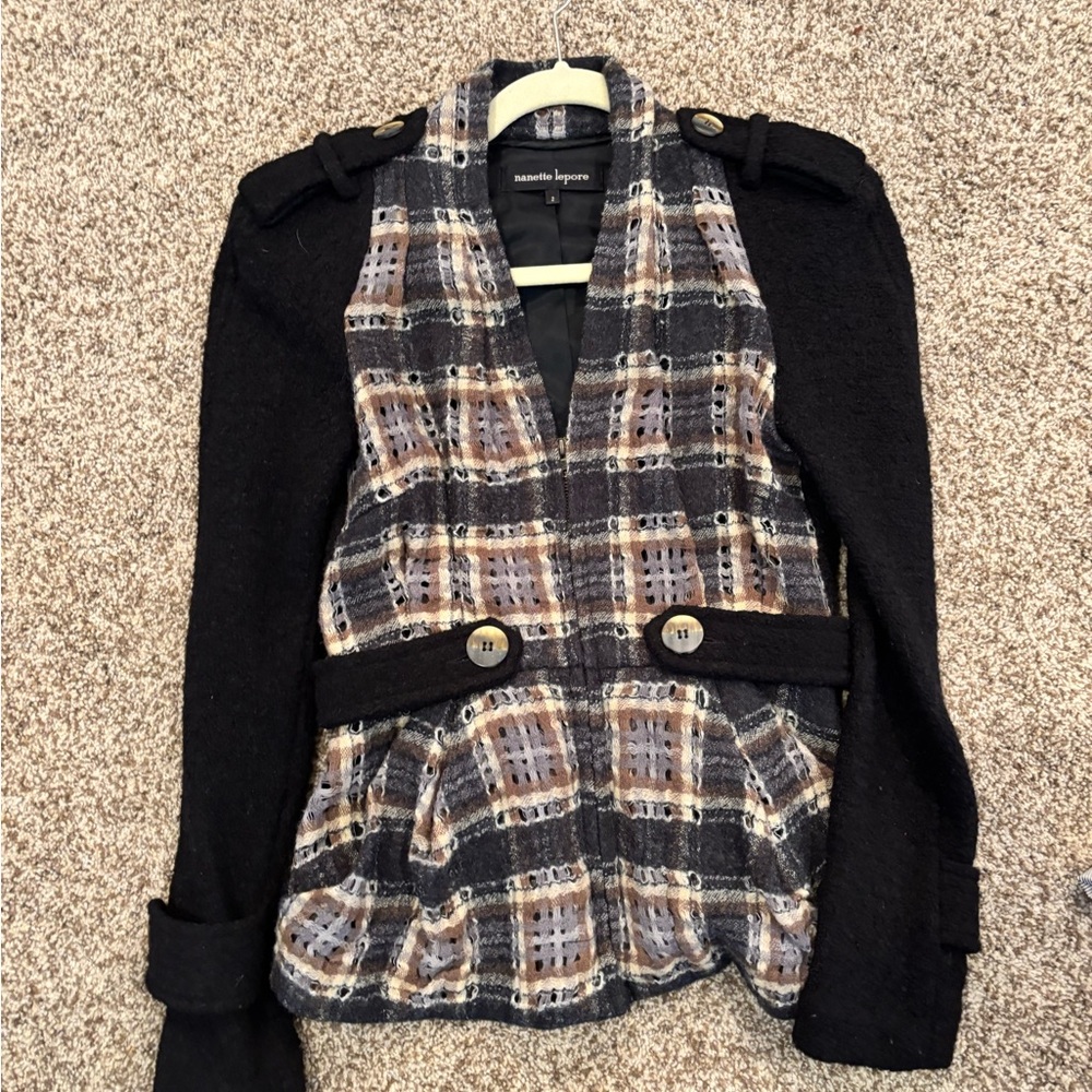 Nanette Lepore Black and Brown Plaid Blazer